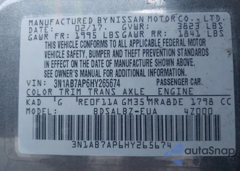 2017 Nissan Sentra S из США, поврежденный, VIN 3N1AB7AP6HY265674